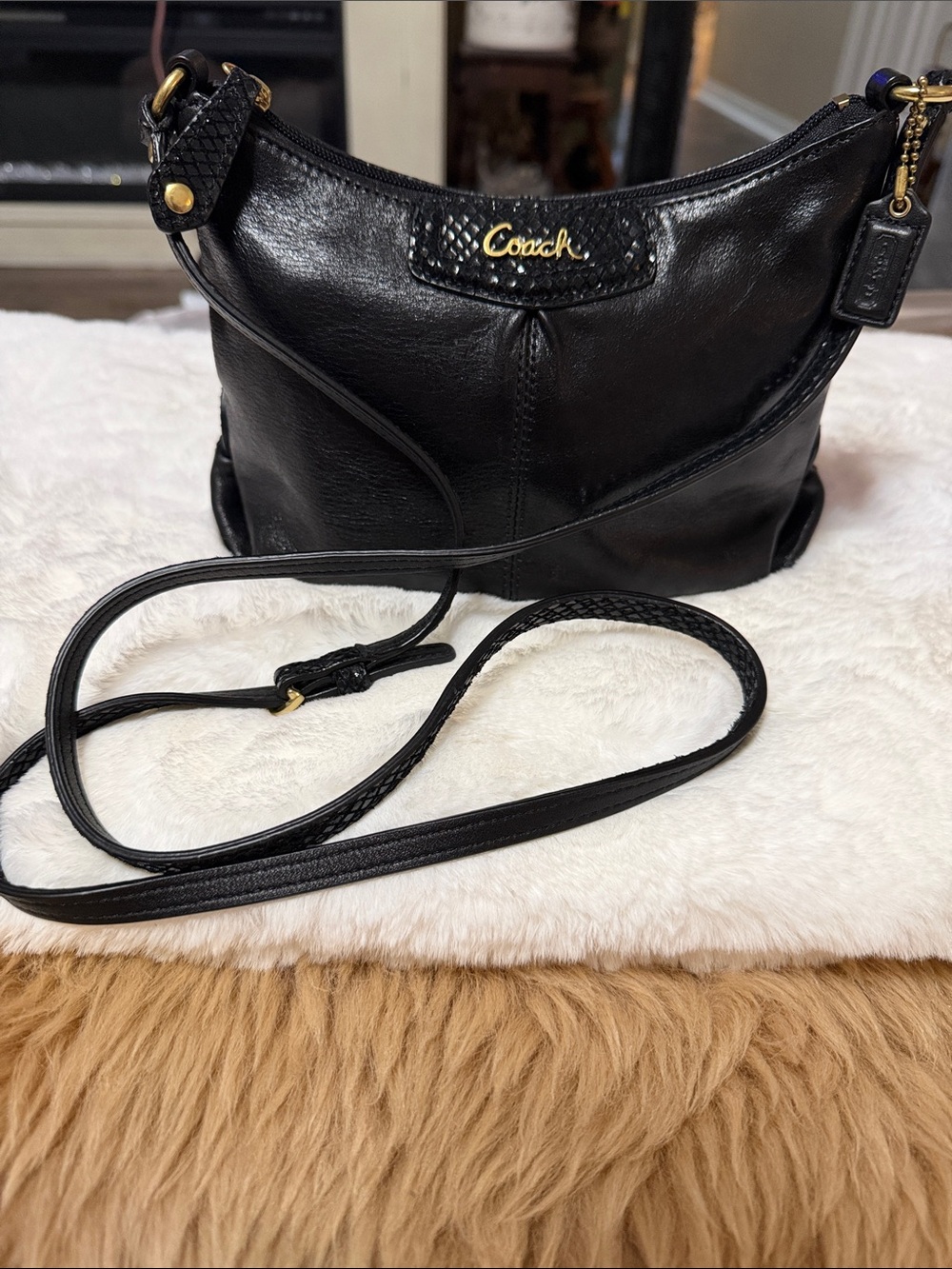 Coach Ashley Black Black Leather Crossbody Shoulder Bag Purse Zip Snakeskin